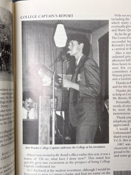 1987 College Captain Bert Werden making an address